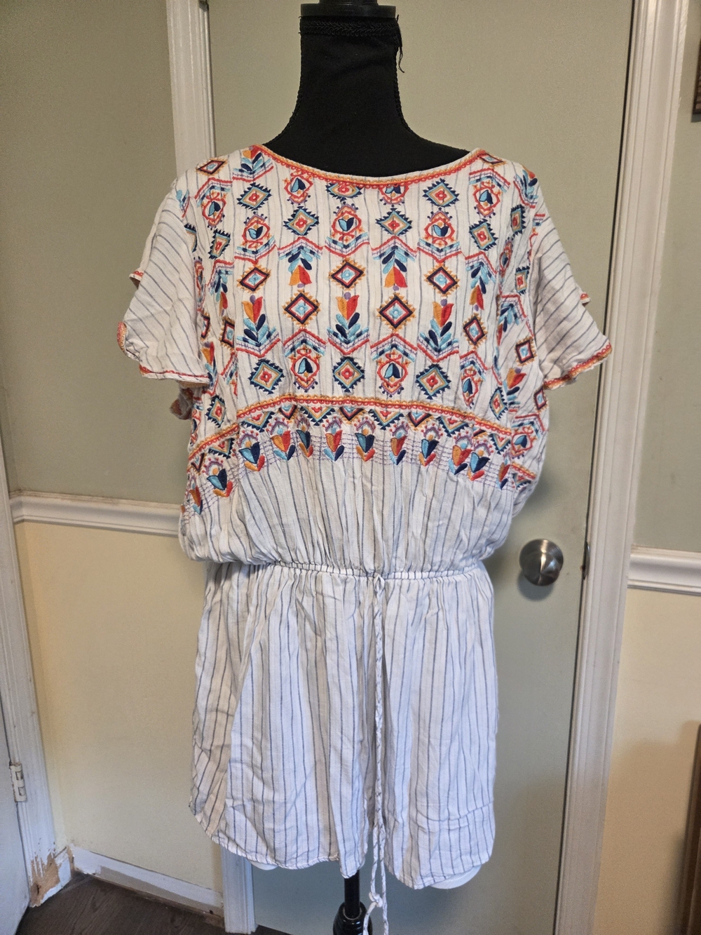 Savanna Jane White Striped Embroidered Romper with Multicolor Accents
